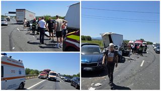 Accident teribil pe A1! 5 autoturisme, o camionetă și un autotren, implicate. Printre răniți se află și minori