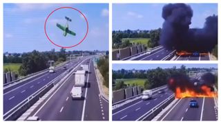 VIDEO Un avion s-a prăbușit pe o autostradă din Italia. Momentul impactului, surprins de camere: &bdquo;A fost un noroc că avionul nu a lovit direct o mașină&rdquo;