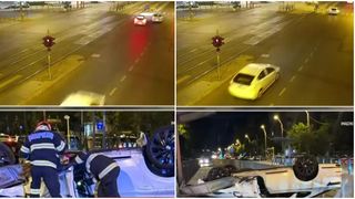 VIDEO S-a răsturnat cu mașina într-o stație de tramvai din Sectorul 5