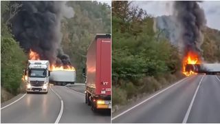 VIDEO TIR în flăcări pe un drum din Arad! Încă nu se știe de la ce a pornit incendiul