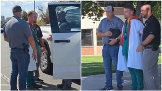 Un tânăr în halat de laborator, luat pe sus de polițiști