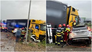 VIDEO Impact devastator între o mașină și un TIR. O femeie a murit, alte trei persoane, printre care și două adolescente, au ajuns de urgență la spital