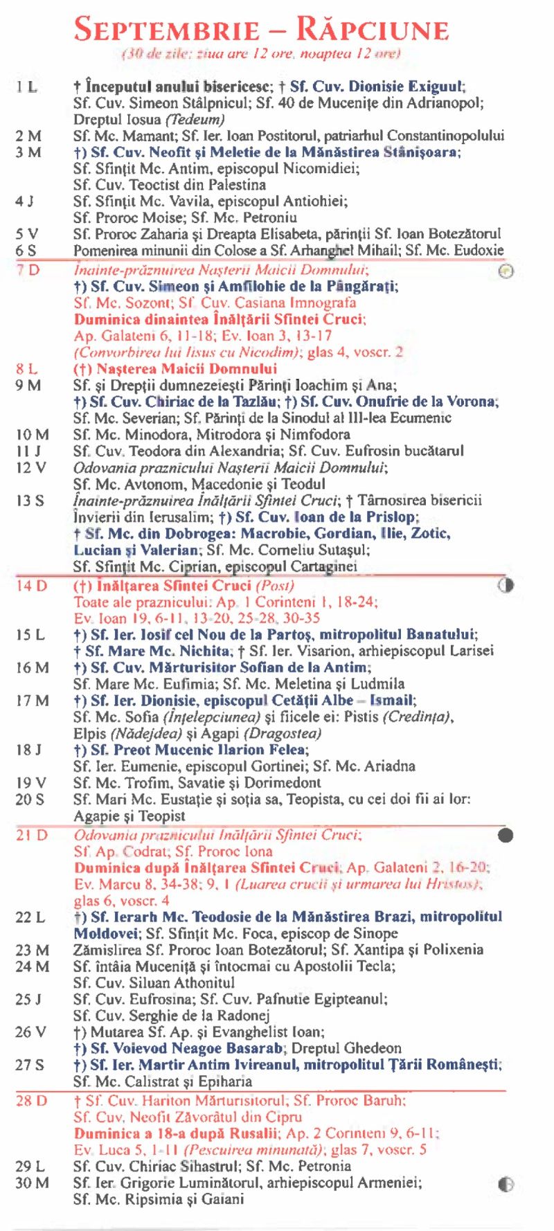 Calendar ortodox septembrie 2025