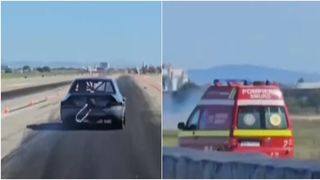 VIDEO Groază pe aeroportul din Arad: mașină de curse s-a rostogolit și a luat foc în timpul unui concurs de viteză