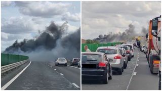 VIDEO Scene de groază pe A2! Un tir încărcat cu granule de plastic a luat foc. Șoferul a suferit atac de panică