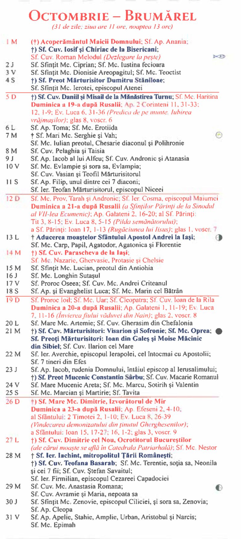 Calendar ortodox octombrie 2025