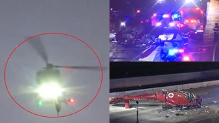 VIDEO Momente de groază pe autostradă! Un elicopter s-a prăbușit &icirc;n plin trafic: 3 persoane rănite