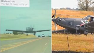 VIDEO Momentul șocant în care un avion militar aterizează de urgență pe o autostradă, evită la milimetru o mașină și distruge stâlpii de curent de pe margine