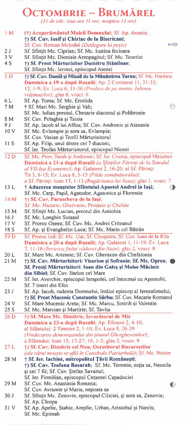 Calendar ortodox octombrie 2025