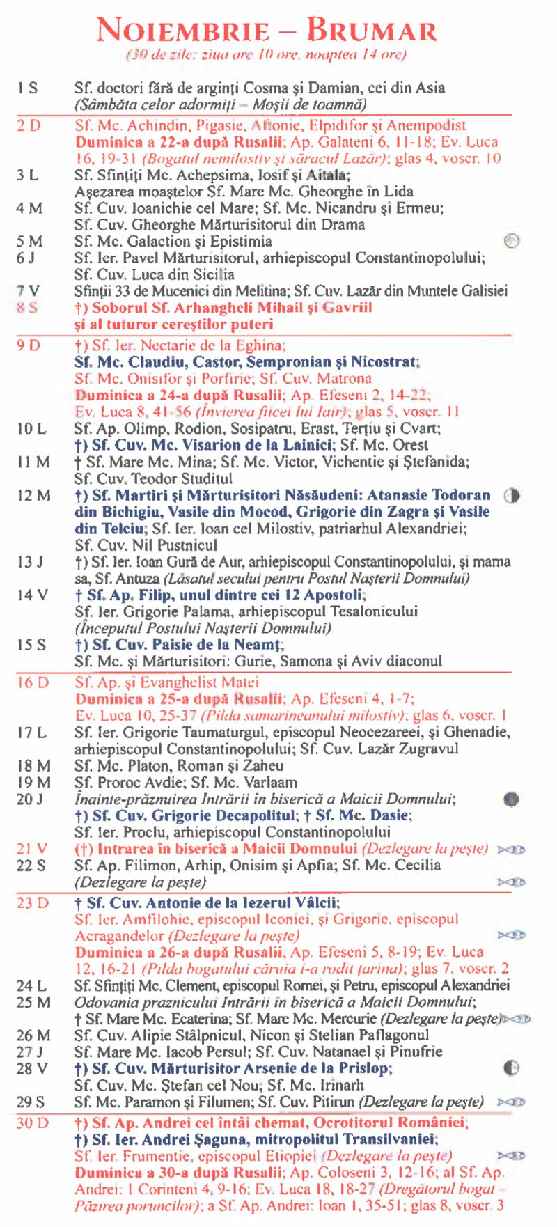 Calendar ortodox noiembrie 2025