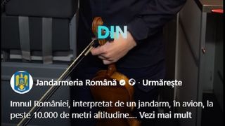 VIDEO Imnul Rom&acirc;niei, interpretat la vioară &icirc;ntr-un avion TAROM, la peste 10.000 de metri altitudine. Cine este t&acirc;nărul jandarm care a emoționat o țară &icirc;ntreagă