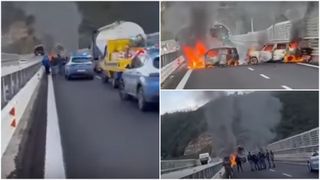 VIDEO Jaf ca într-un film de acțiune pe o autostradă din Italia. O dubă blindată a fost atacată cu mitraliere Kalașnikov, iar hoții au fugit cu două milioane de euro. Mai multe mașini au fost incendiate
