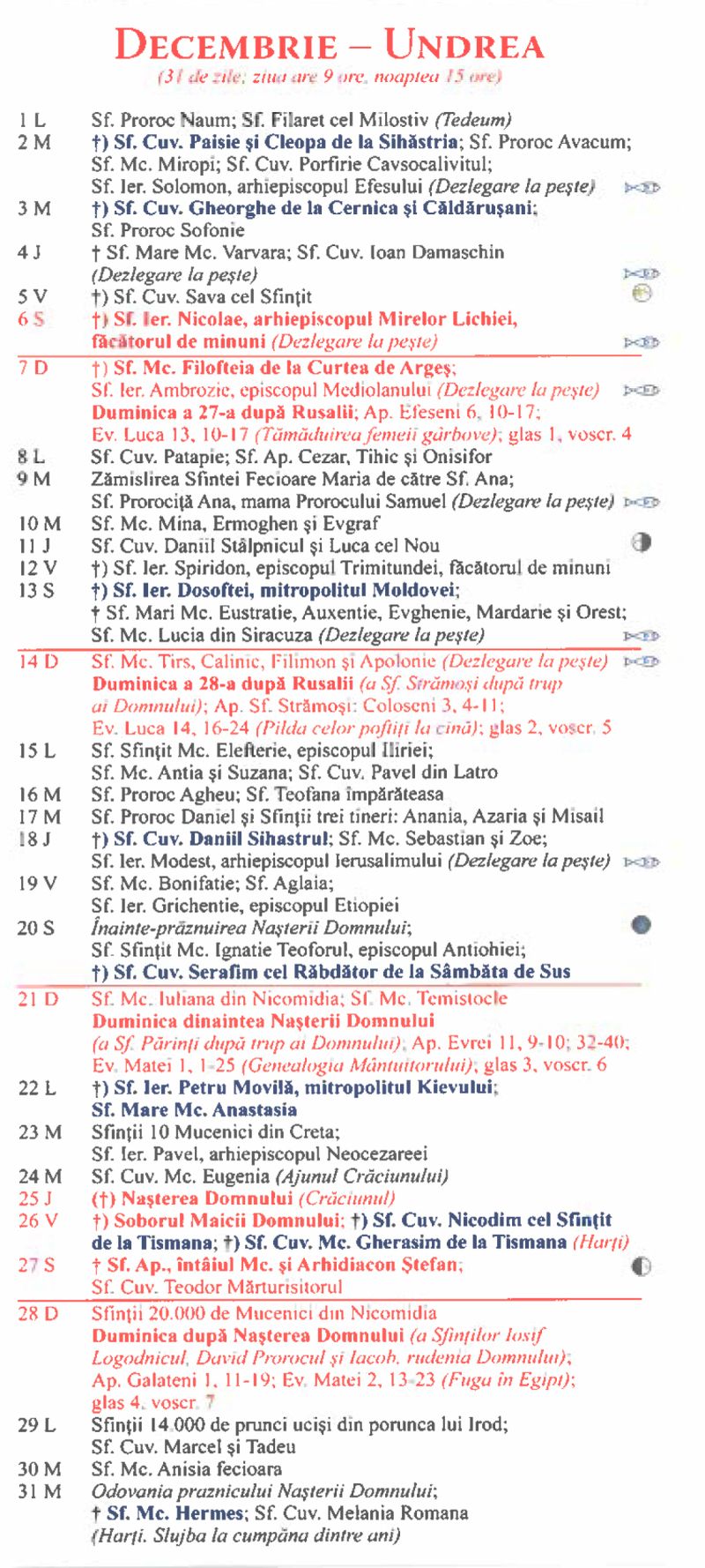 Calendar ortodox decembrie 2025