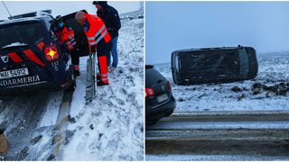Mamă și copil, adăpostiți &icirc;n mașina jandarmeriei după ce vehiculul &icirc;n care se aflau s-a răsturnat