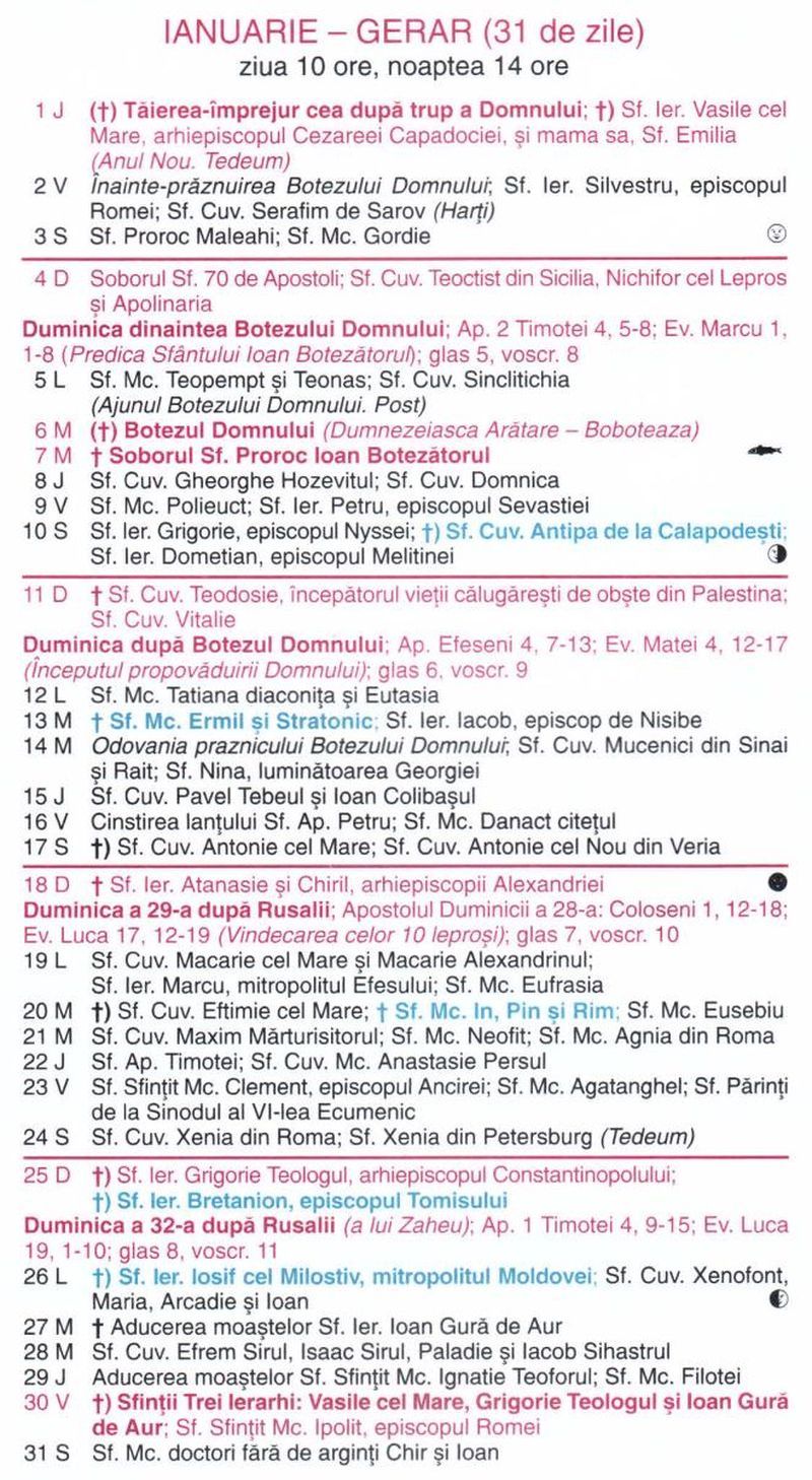 Calendar ortodox ianuarie 2026