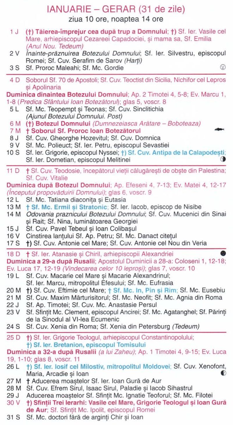 Calendar ortodox ianuarie 2026