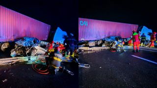 VIDEO O femeie a murit, iar fetița și soțul au ajuns la spital, după ce au intrat cu mașina &icirc;ntr-un TIR. Accident cumplit pe A1