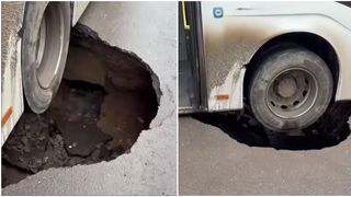 VIDEO Autobuz din Brăila, căzut cu roțile &icirc;n asfalt