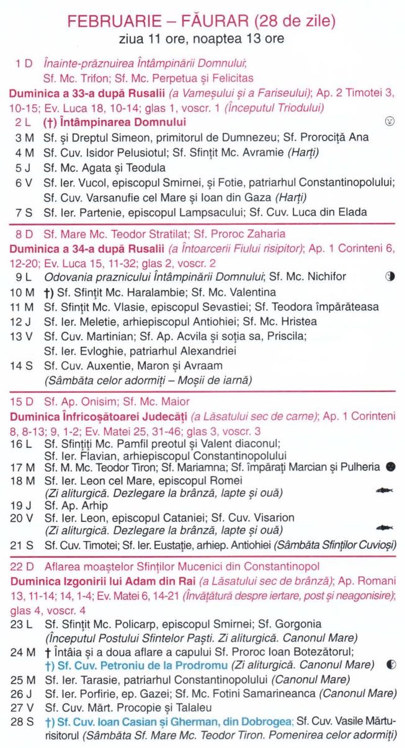 Calendar ortodox februarie 2026