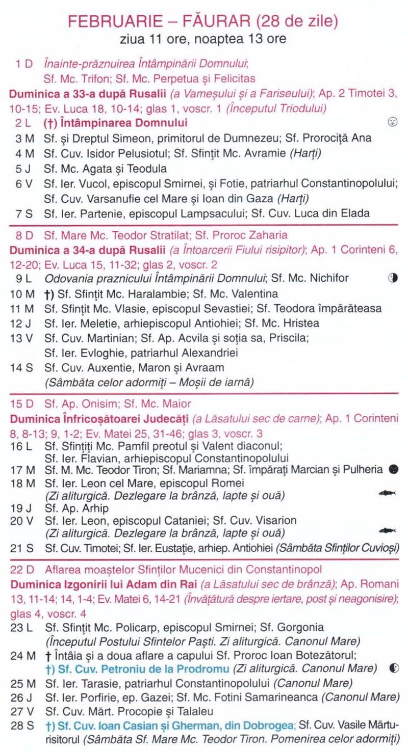 Calendar ortodox februarie 2026