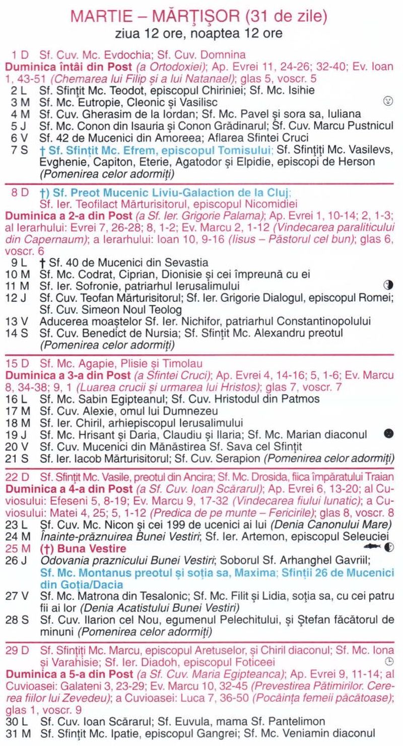 Calendar ortodox martie 2026