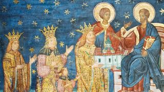 Fresca votivă de la Voroneț: Ștefan cel Mare, luat de umăr și prezentat lui Iisus de Sf&acirc;ntul Gheorghe