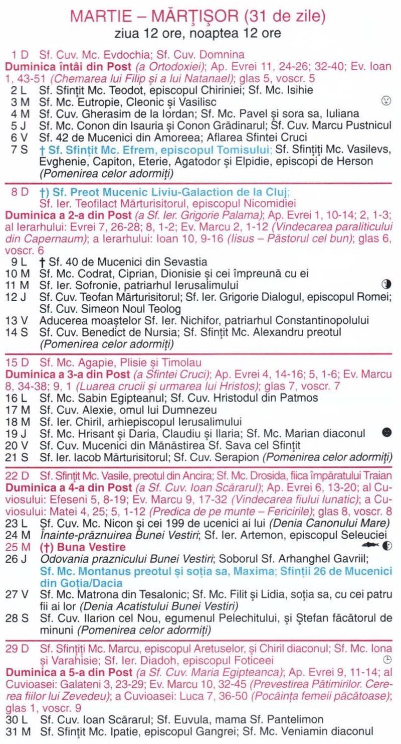 Calendar ortodox martie 2026