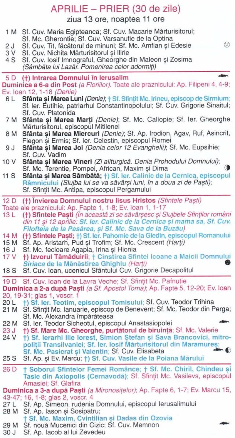 Calendar ortodox aprilie 2026