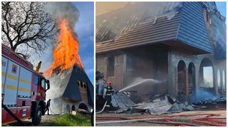 VIDEO Biserică mistuită de flăcări &icirc;n Maramureș. Acoperișul lăcașului de cult s-a aprins &icirc;n timpul unor lucrări