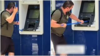 VIDEO Jaf cu... coada de mătură la un bancomat din Barcelona