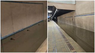 Stația de metrou Piața Victoriei, inundată și &icirc;nchisă temporar după furtuna care a măturat Capitala. Apa ajunge p&acirc;nă la peron, trenurile nu pot circula