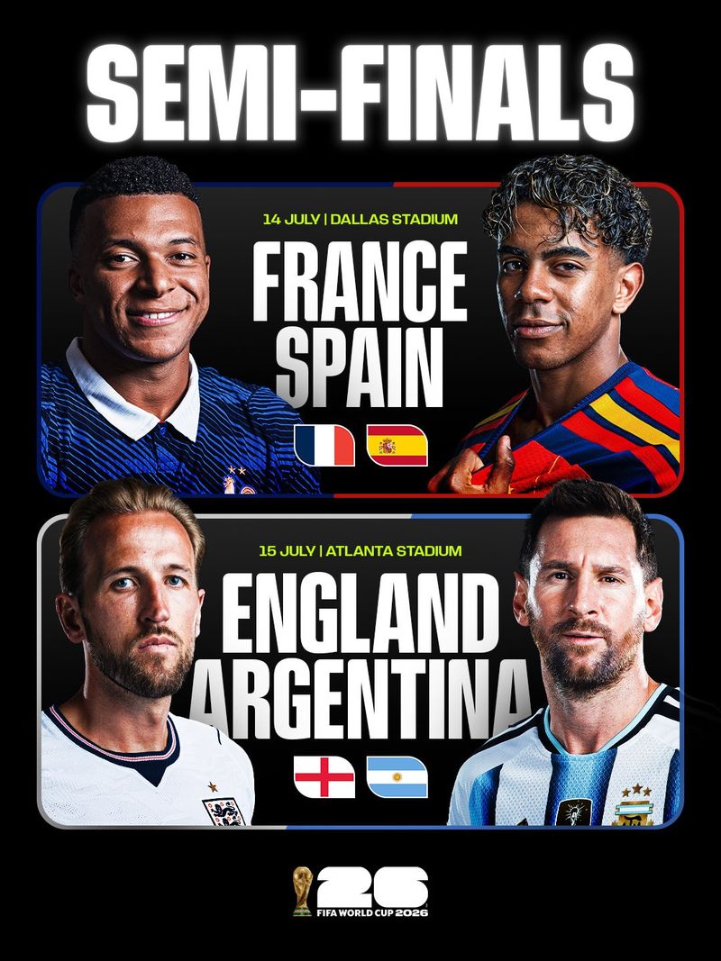 S-au decis semifinalele Cupei Mondiale FIFA 2026: Franța - Spania și Anglia - Argentina. 
