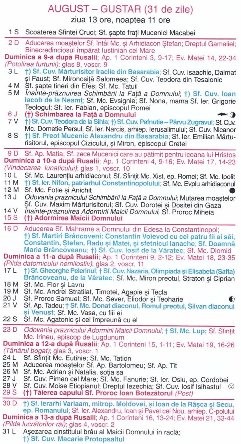 Calendar ortodox august 2026
