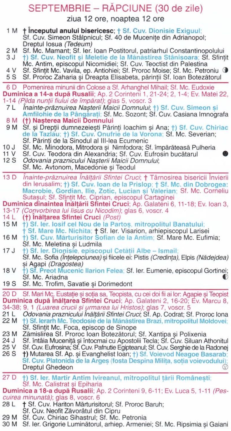 Calendar ortodox septembrie 2026