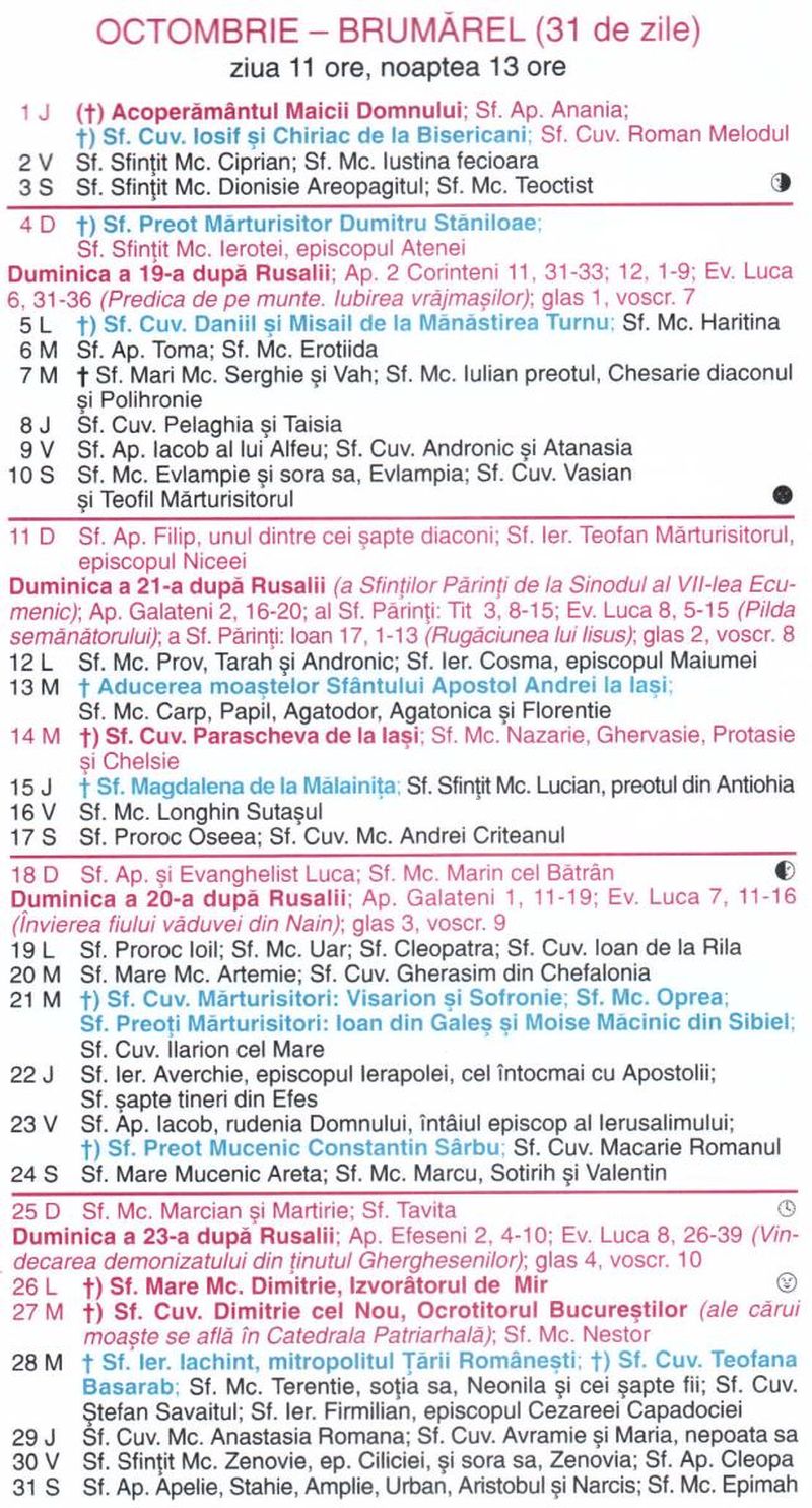 Calendar ortodox octombrie 2026