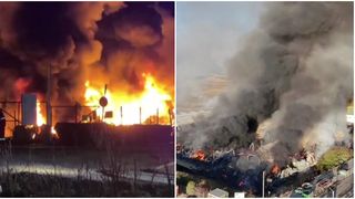 VIDEO Incendiu puternic l&acirc;ngă Sibiu! O hală de reciclare a deșeurilor a fost &icirc;nghițită de flăcări