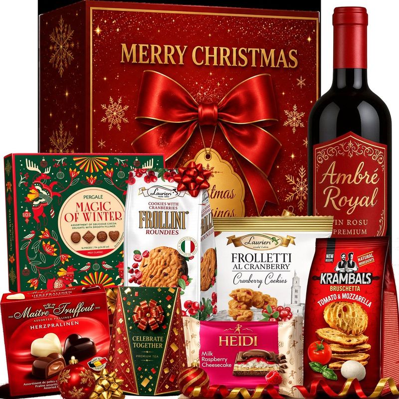 Coșuri cadou Crăciun cu vin roșu premium, praline și biscuiți italieni. 