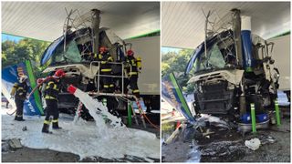 VIDEO Accident &icirc;ntr-o benzinărie, pe Valea Oltului. Un camion a lovit o pompă, traficul a fost oprit