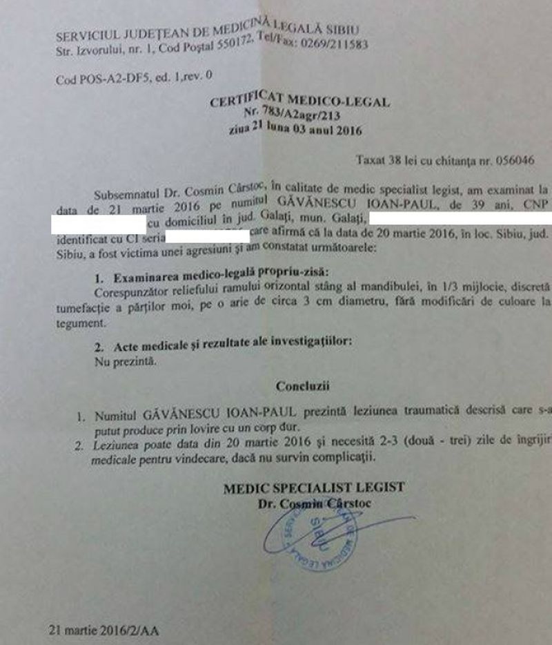 Prosport a publicat certificatul medico-legal scos de Paul Gavanescu dupa conflict