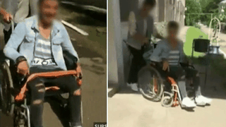 Imagini revoltatoare din curtea spitalului din Turnu Magurele! Trei tineri distrug un scaun cu rotile fara ca niciun cadru medical sa ii vada