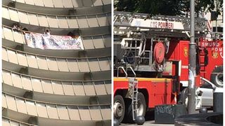 UPDATE Barbatul care ameninta ca se arunca de pe Intercontinental a fost ridicat de politisti. Protestatarul a fost dus la sectie