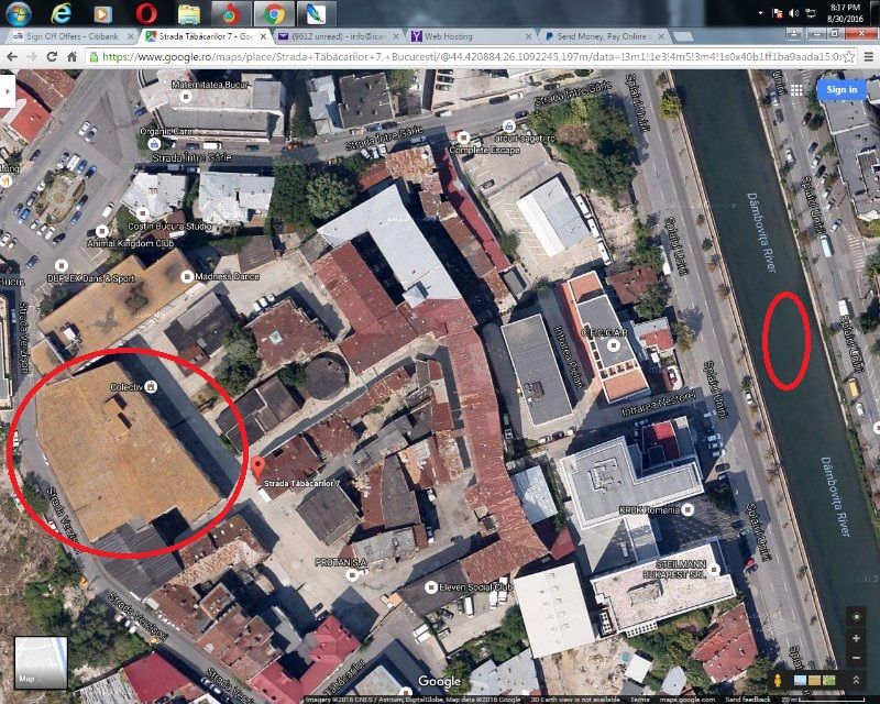 Intre clubul Colectiv si locul unde ar putea fi insula comemorativa de pe Dambovita (zonele marcate cu rosu) este o distanta scurta