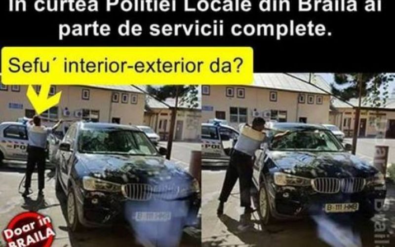 Pe facebook au aparut doua fotografii in care un politist ii spala masina superiorului sau