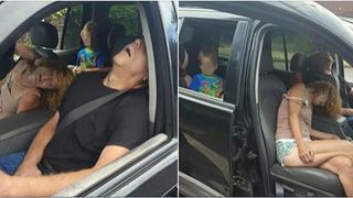 Imagini infioratoare cu doi adulti care au lesinat in masina din cauza unei supradoze. Pe bancheta din spate a masinii se afla copilul lor