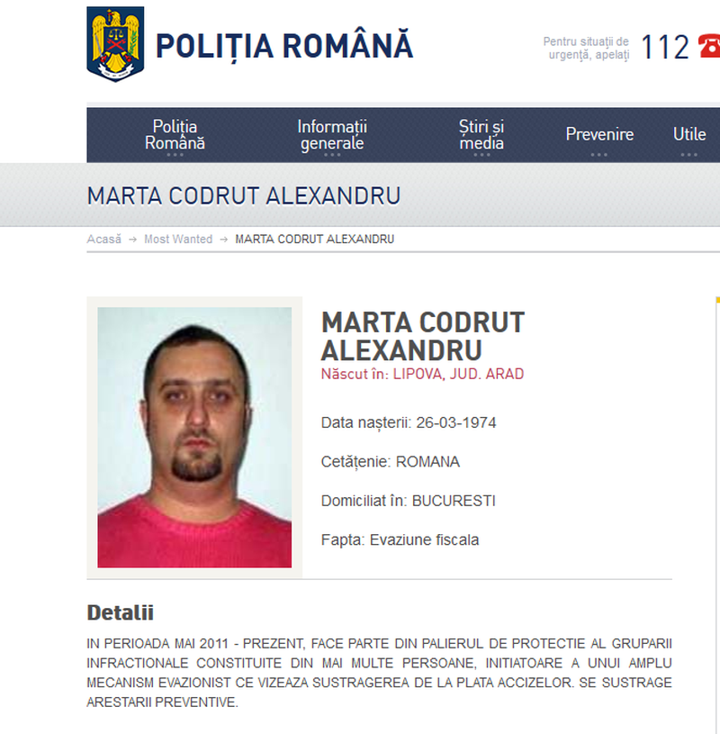 Pe site-ul Politiei Romane, Codrut Marta apare pe lista celor mai cautate persoane