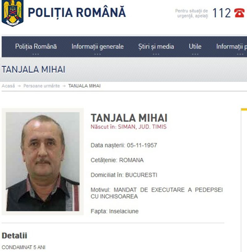Mihai Tanjala, dat in urmarire internationala, figura si pe site-ul Politiei Romane