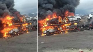 Trafic blocat pe DN 6 in Caras-Severin dupa ce un TIR incarcat cu opt masini a luat foc; patru dintre ele au explodat