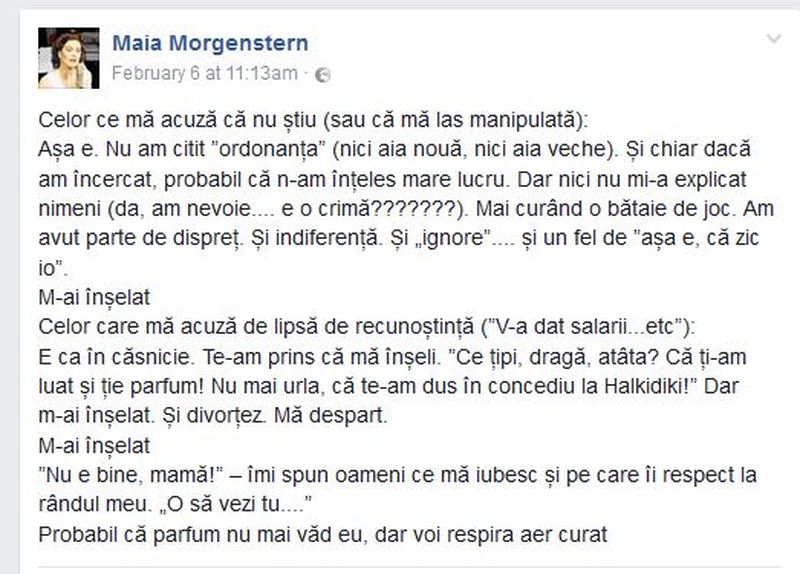 Acesta e mesajul postat de Maia pe pagina sa de Facebook