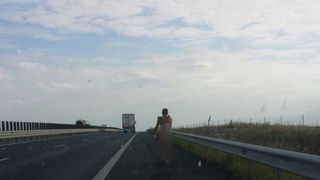 Un barbat gol pusca se plimba pe autostrada Arad-Timisoara.