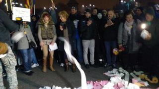 Protest in Piata Victoriei din Capitala. Manifestantii au aruncat cu hartie igienica spre sediul Guvernului